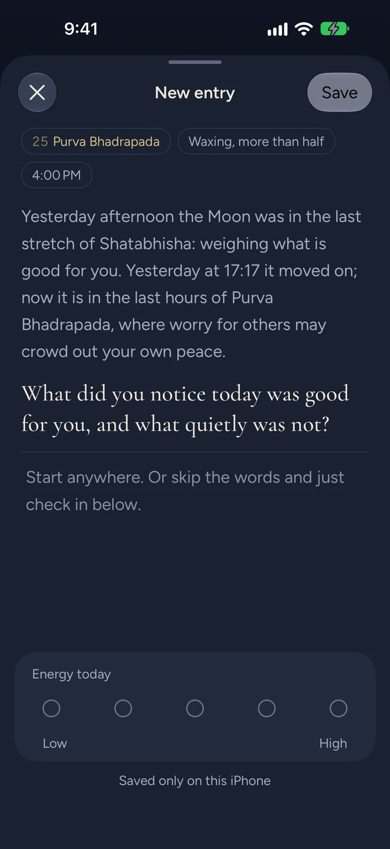 Writing an entry: the Moon's nakshatra and phase at the top, the day's story and question, and an energy row from low to high.